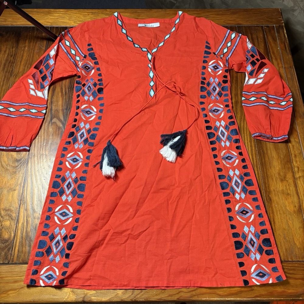Bindu Red Blue Embroidered Tassel Bohemian Dress Cotton Made India S Boho A1617